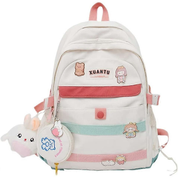 Kawaii Söt Ryggsäck i Fräscha Färger med Plyschhänge, Nål & Charm - Skolryggsäck för Flickor & Kvinnor