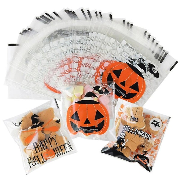 Söt halloween godispåse pumpa spökkaka efterrätt förpackningspåsar självhäftande plastpåsar tillbehör knep eller godis presenter100stA03