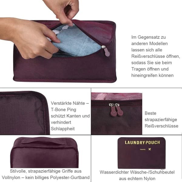 Resväska Organizer Resekläder Väskor, 6-pack Vattentäta Resväska Organizer Packväskor Resebagage (Vinröd)