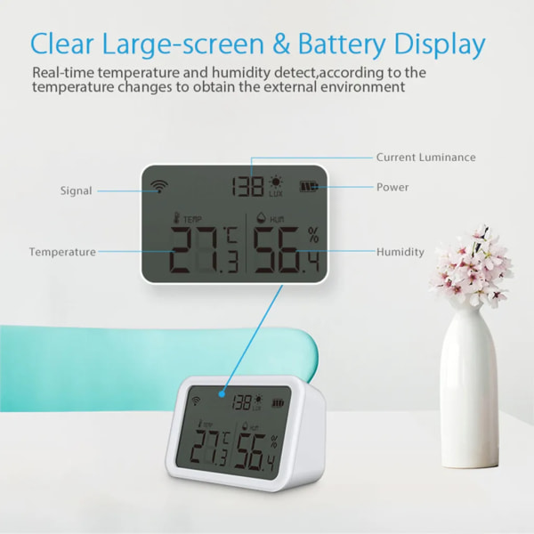 NEO Coolcam Tuya WiFi Smart temperatur- och luftfuktighetssensor Ljushetsdetektor Hygrometer inomhustermometer med LCD-skärm
