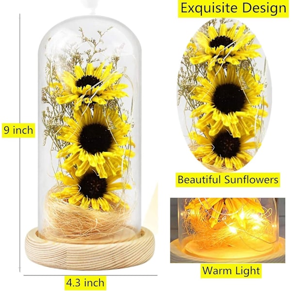 Kunstig solsikke i glaskuppel med LED-lysstrimmel, fortryllet blomst med LED-lysstrimmel, gave