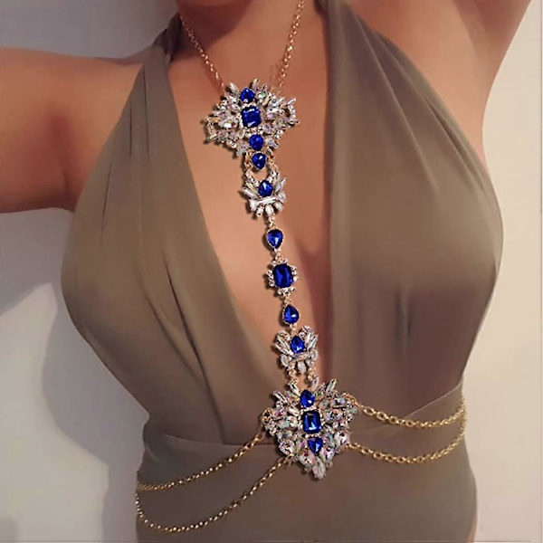 Boho Rhinestone Statement Bröstkedja Kristallhalsband Kroppskedja Sommar Strand Kropps Smycken Tillbehör för Kvinnor och Flickor (Blå)
