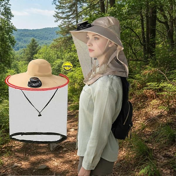 Myggespray-solhat med bred skygge, køleventilator og UPF50-beskyttelse Army Green