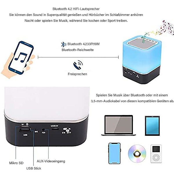 Bluetooth-højttaler-vækkeur 5 i 1 LED-touch-dæmpbar vækkeur digital MP3-afspiller, højttaler, USB og Bluetooth