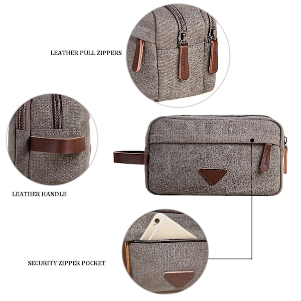 Herr Resväska Toalettväska med Dubbla Fack Canvas Läder Kosmetisk Makeup Organizer Rakning Dopp Kits - Grå