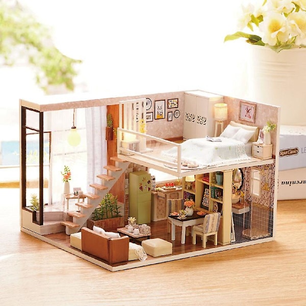 Dockhus miniatyr med möbler, diy dockhus kit plus dammskydd och musikverk,（C）