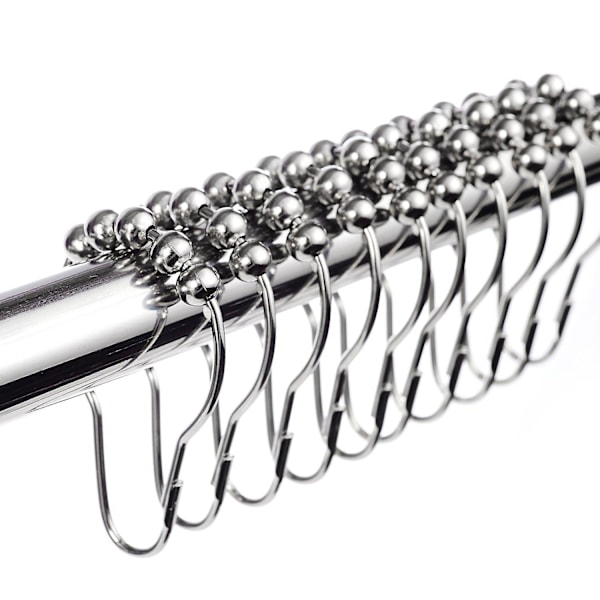 12x pakkaus ruostumattomasta teräksestä valmistettuja suihkuverhon renkaita liukujärjestelmällä, 12 yksittäistä koukkua, 69x39mm