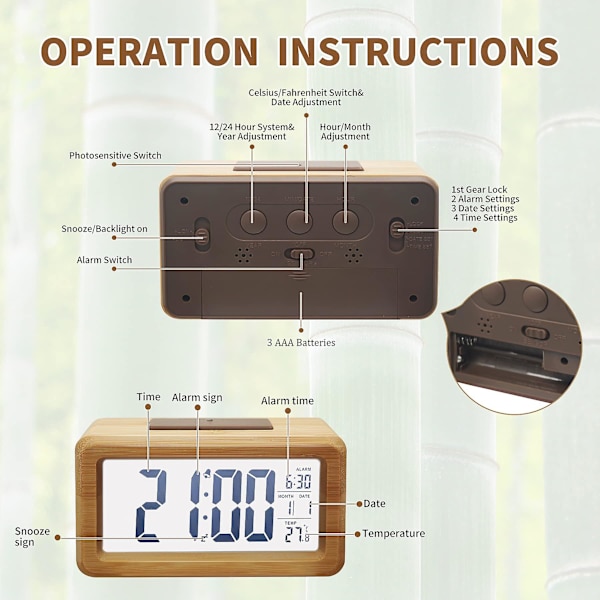 Træ Digitalt Vækkeur, Stort LED-Display, 12/24 Timers Display, Smart Sensor Nattelys