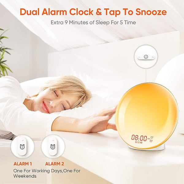 Dww-7 farger Wake-Up Light LED-radio Lys Morgenvekker Klokkeslett Sengelampe Lysstyrkenivåer Dawn and Dusk Simulator 2 Vekkerklokker 7 Naturlige lyder