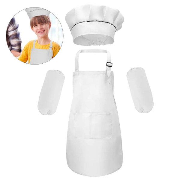 1 Set Barnkläder för Barn, Förkläde och Hatt med Ärmar, Kockförkläde för Matlagning, Bakning, Måleri, Överaller, Förskola, Måleri, Konst (Vit, M)