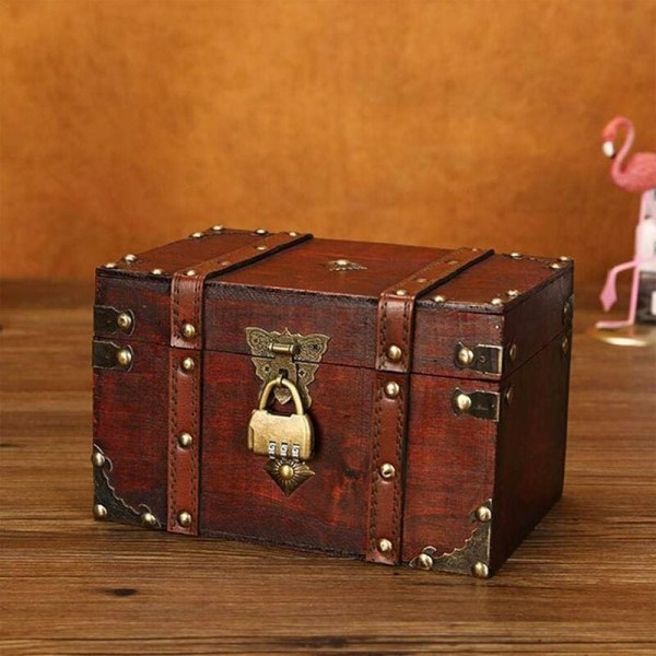 Mini träskåp med kombinationslås - skattkistor i trä med hänglås pirat trälåda (L),ladacèe
