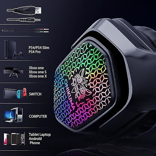 Gaming Headset med mikrofon brusreducerande RGB trådbunden hörlurar för dator PS4 Xbox One (SVART)