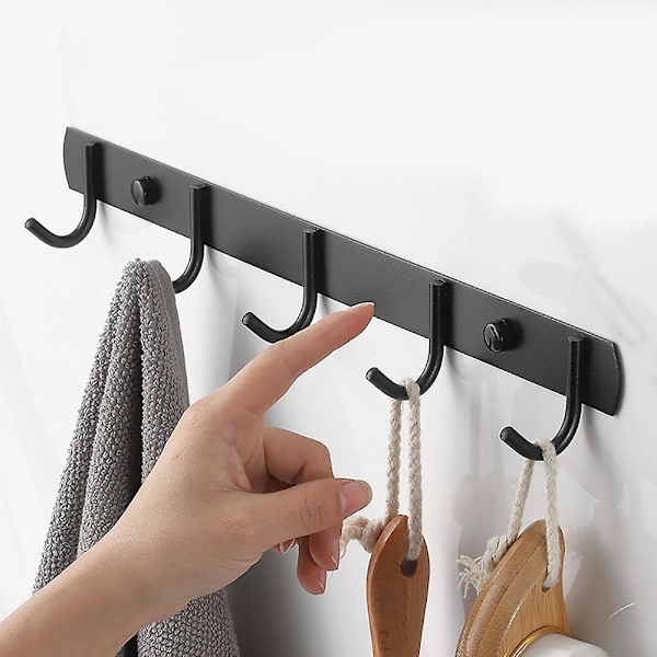 Väggmonterad handdukshållare med 5 krokar, klädkrok för kappa handdukar (37cm, svart)