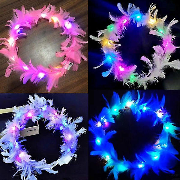 4-pack Blomsterkrans, Fjäderkrans Hårband Luminous med 10 LED-lampor, Ljusa Huvudbonader med Färgväxlande LED-lampor, Bröllop Festivalfest