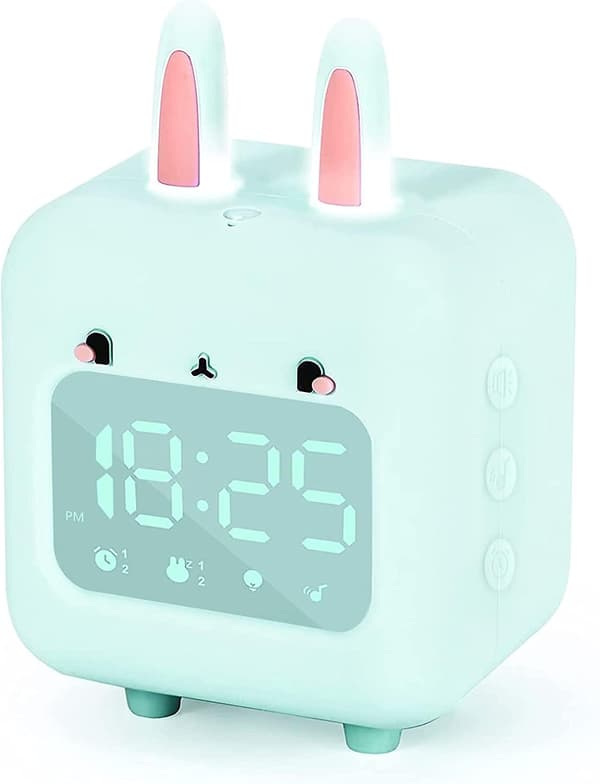 Vekkerklokke for barn, digital kaninklokke med nattlys, timer og slumrefunksjon, søvntrener, nattbordsklokke, USB oppladbart vekkelys for jenter og gutter