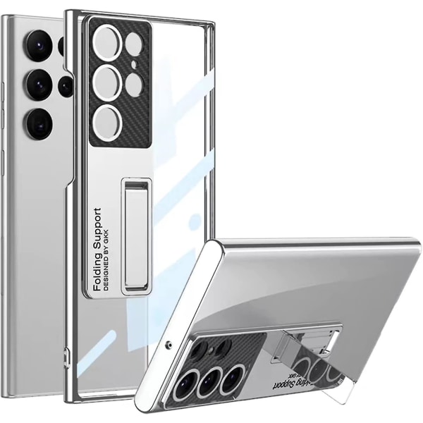 Elektropläterat kristallklart case kompatibelt med Samsung Galaxy S23 Ultra, case med inbyggt stativ i silver