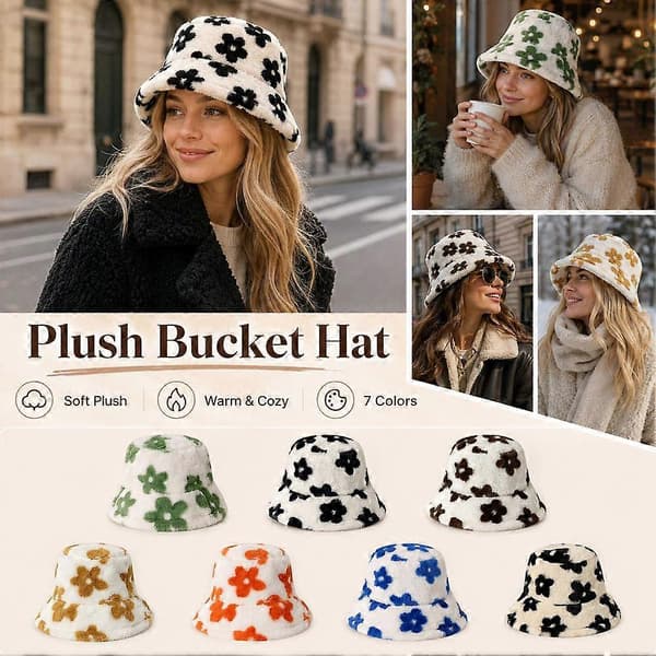 Blomstret bøllehat i plys, varm fiskerhat til kvinder, polyester, 58 cm Blue