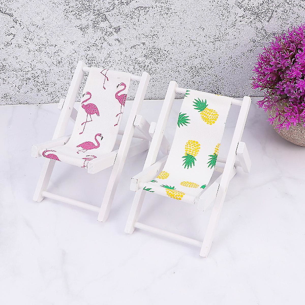 2 st Mini Strandstol i Trä Medelhavsstil Ananas Flamingo Mönster Mobiltelefonhållare Mini Prydnad Loungestol