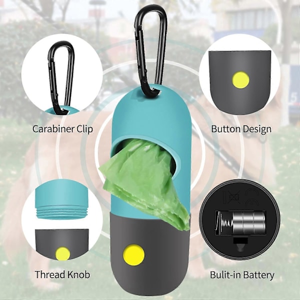 2-pack Hundbajspåsehållare med Inbyggd LED-ficklampa, Avfallspåsehållare för Koppel med Karabinkrok för Koppel, 2 Rullar Läcksäkra Hundbajspåsar