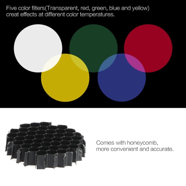 Metallkon Snoot med honeycomb rutnät 5-delad färgfiltersats för Bowens Mount Strobe Enkelljus Studiofotografi Speedlights