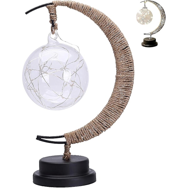 Enchanted Lunar Lamp, LED Star Moon Light Hanging Moon Lamp Memorial Night Light Galaxy Lamp, Metal Frame Handmade Hemp Rope Sepak Takraw Lamp for Hom