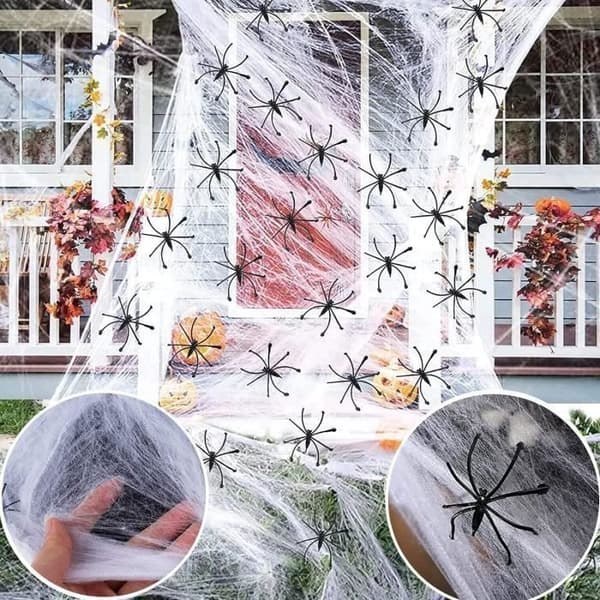 Halloween Spindelvæv - Strækbart - 500g - 100 Hvide Falske Edderkopper - Dekorationssæt