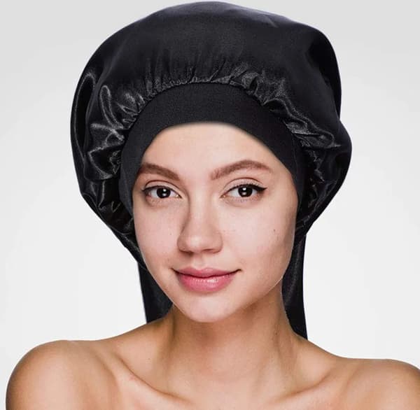 Lång satin mjuk nattmössa huvudbonad för långt hår, elastiskt band sovhatt dubbla lager satin silke sovhatt för kvinnor med flätor, dreadlocks, lockar