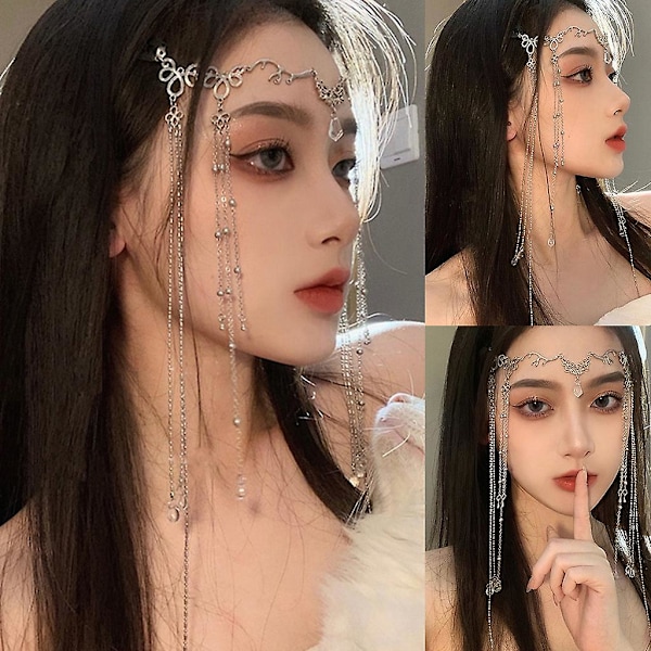 Bröllop Brud Smycken Huvudbonad Metall Horn Kristall Drop Tiara Huvudkedja Rhinestone Långa Tofsar Pannband