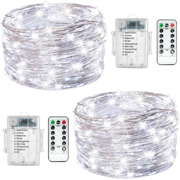 2 uppsättningar av 100 LED Fairy Lights Batteridrivna Silver Wire Lights med fjärrkontroll, 8 lägen