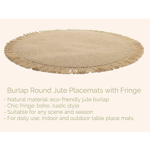 Matset med 4 Runda Burlap-Underlägg, Naturlig Jute Boho med Fransar för Matbord, Rustik Farmhouse Bord Runda Underlägg Dia 38