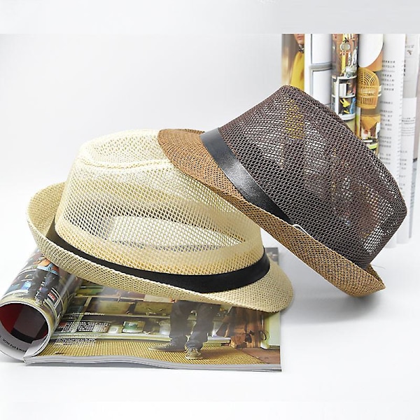 Fashion Retro Hullet Krølle Gentleman Halm Hat Rullende Bælte Jazz Hat Kvinde Udendørs Strand Solskygge Hat