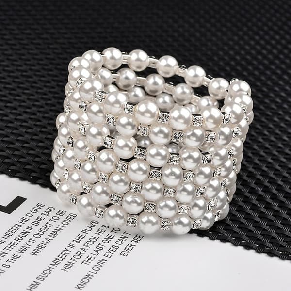 Perlearmbånd med krystaller og glitrende diamanter Perle elastisk armbånd（Sølv）