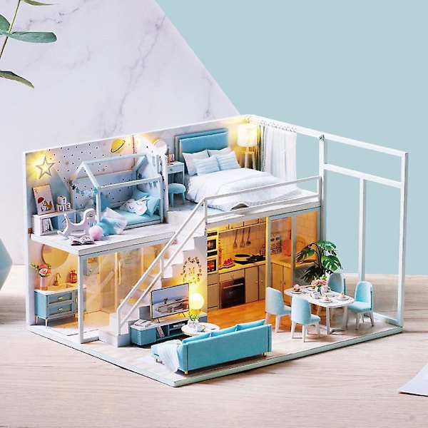 Dockhus miniatyr med möbler, diy dockhus kit plus dammskydd och musikverk,（C）