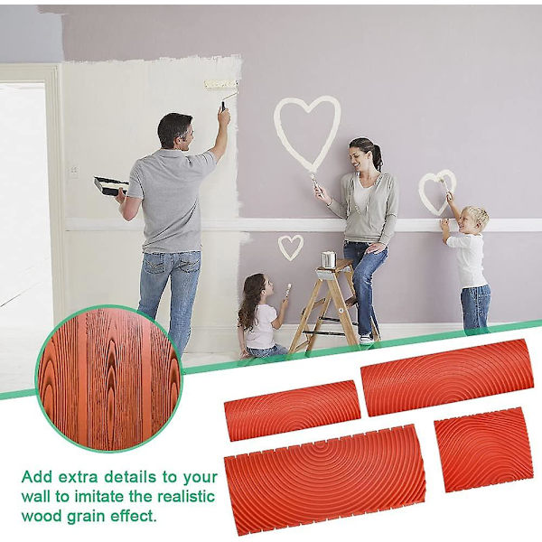 4 st Gummi Trä Korn Verktyg Gummi Målning Verktyg Kam Faux Trä Diy Imitation Färg Rollers För Möbler Väggdekor (röd)