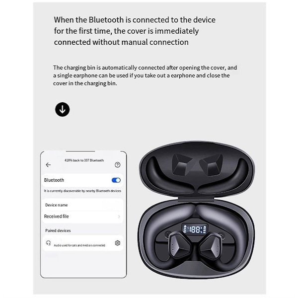 Benledande Bluetooth-hörlurar Sport Vattentäta Trådlösa Hörlurar LED-display HiFi Open Conduction Öronproppar（Svart）