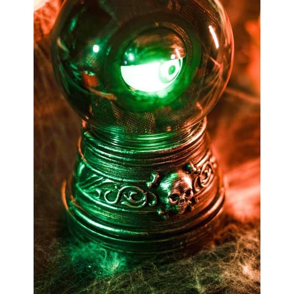 Halloween-automat – Liten klovn – Krystallkuleøye – Lyd, lys, animert – 20 cm