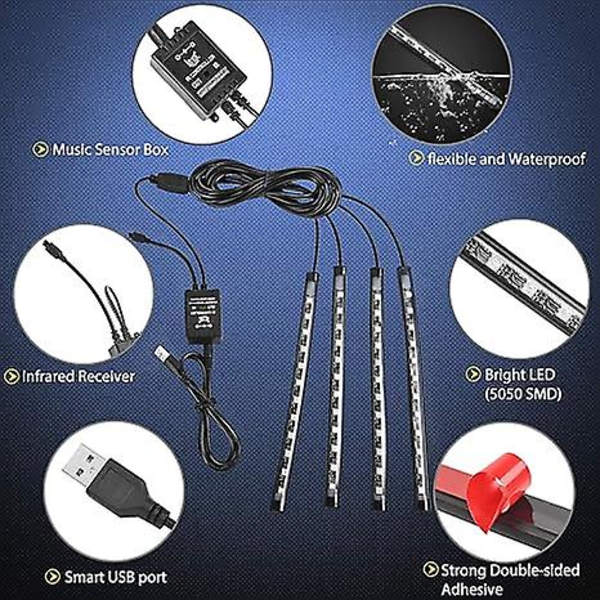 Billadjustert LED-ambientlys for bil med app-styring, Bluetooth og dekorativt lys for mobiltelefon (48 lys)