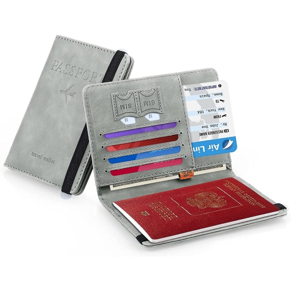 Grå passplånbok, reseförvaringsväska Passhållare Bärbar portfölj med sköld, kreditkort, ID-kort, flygbiljett, 1 bok