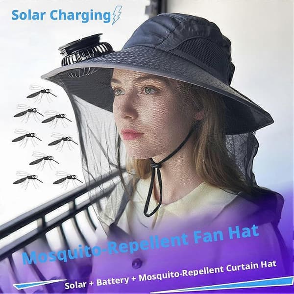 Myggespray-solhat med bred skygge og køleventilator UPF50-beskyttelse Gray