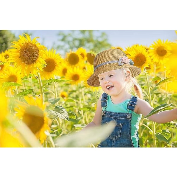 Solhatt för flickor 3-7 år gamla barn sommar halmhatt och liten väska set med blomsterdekoration lämplig för strandresor vandring