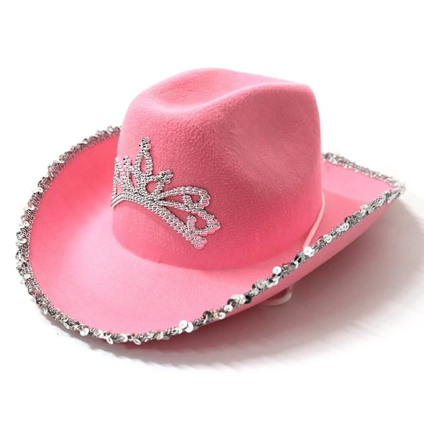 Cowboy-hattu naisille, cowgirl-hattu, jossa glitter-paljetit reunassa ja kruunukuviokoriste