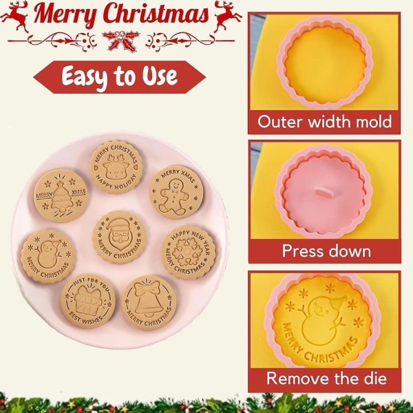 Christmas Cookie Cutter Set, 8 delar 3d Plast Cookie Stampers Santa Claus Xmas Tree Pepparkakor Snögubbe Cutter Stamp