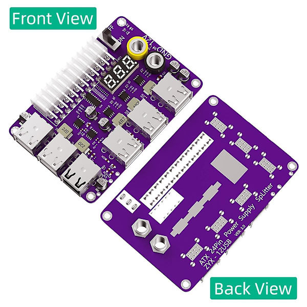 ATX 24-bens strømkilde breakout-kort strømmoduladapter med 12-ports USB 2.0 og QC 2.0/ 3.0 og 12V udgang（Lilla）