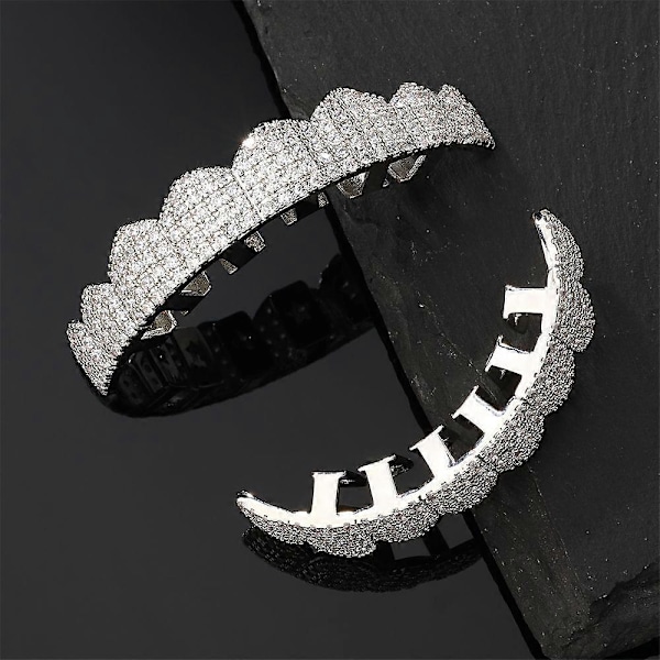 Micro Pave Iced Out CZ Tandgrillar för Män Kvinnor Hip Hop Smycken Cubic Zirconia Geometrisk Mode Cosplay (Guld Överdel)