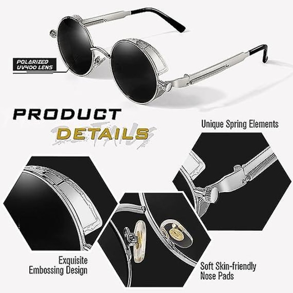 Retro silvergrå runda polariserade steampunk solglasögon för män och kvinnor Uv400 skydd