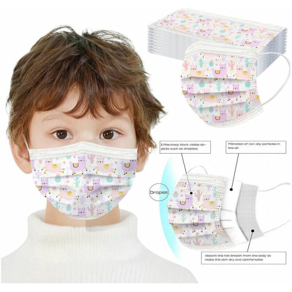 50 stycken söt barnmask, superbekväm trelagers ventilerande non-woven-tyg, printed pannband för flickor och pojkar