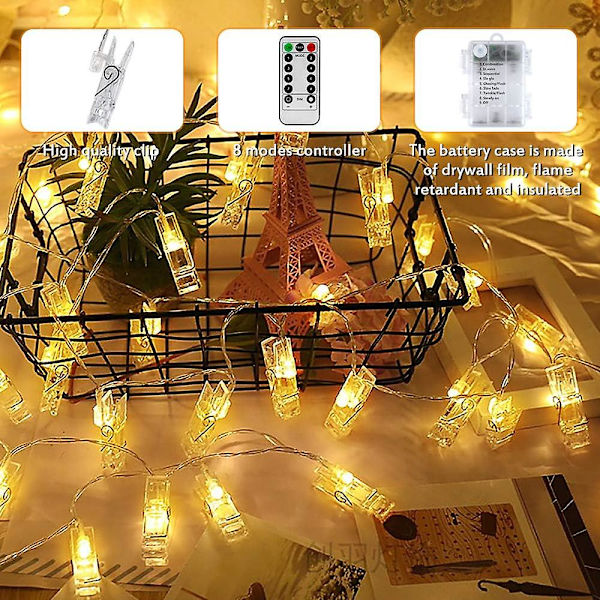 LED-fotolampor, återanvändbara 3 meter/ljuskedjor-8 lägen 20 fotoklämmor, USB/batteridriven, stämningsbelysning, dekoration för vardagsrum, jul