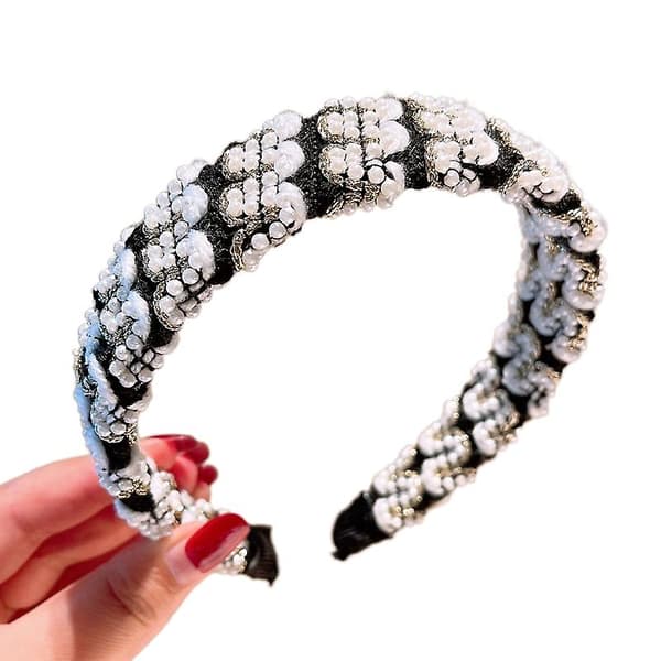 Bredt perlehårbånd med perler, brudehodeplagg i retro-stil (svart)