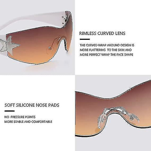 Rimless Y2K solbriller til kvinder og mænd, der svøber sig om stjernesolbriller med overdimensioneret rammeløs trendy solbriller (hvide orange nuancer)