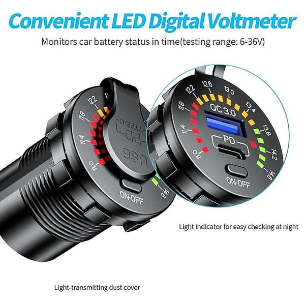 Billaddare Billaddare Bil Qc3.0 Usb Typ C Snabbladdare Voltmeter Led-brytare